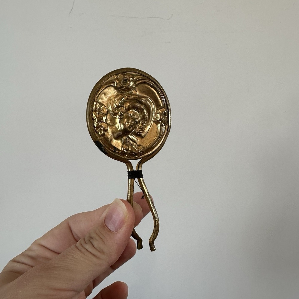 VTG Art Nouveau Small Hand Mirror Gold Lady's Face Purse